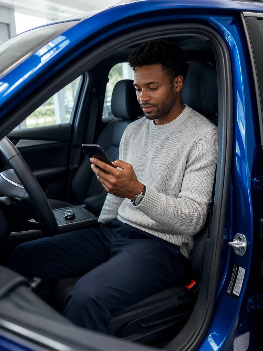 Customer reviewing an application privately from the driver seat