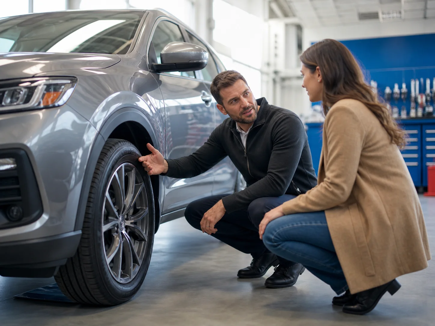 Customer asking a service advisor questions beside a vehicle