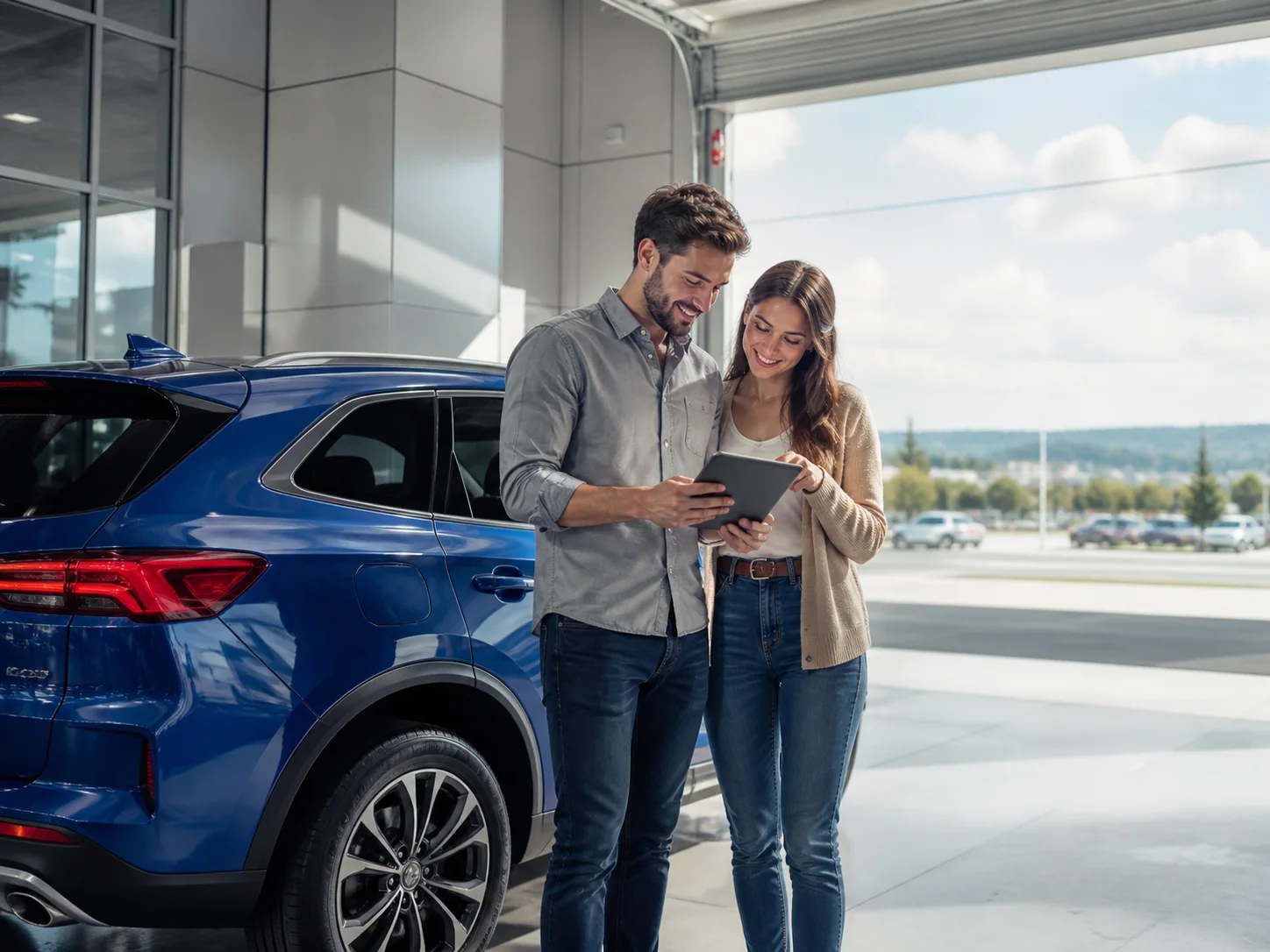 Couple reviewing vehicle financing options together beside a blue crossover